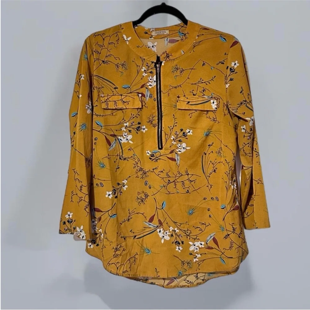 Women's Floral Chiffon Blouse 3/4 Sleeve V
Neck Yellow Zipper Top - Picture 1 of 6